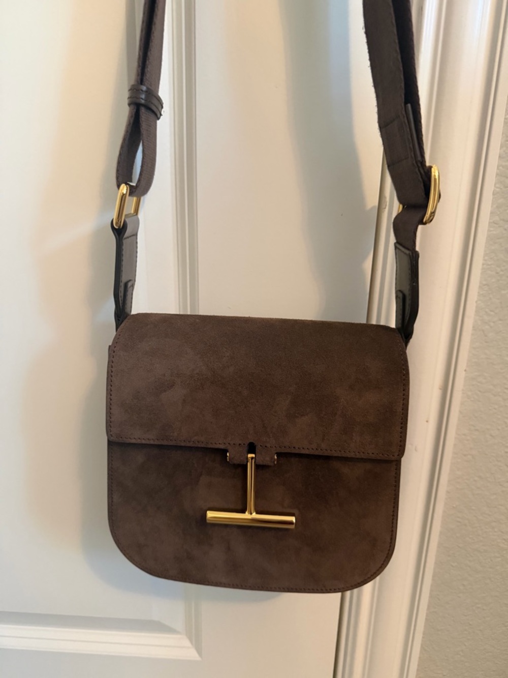 Tom Ford Dark Brown Suede Messenger Bag with Gold-Tone Hardware - Picture 9 of 10